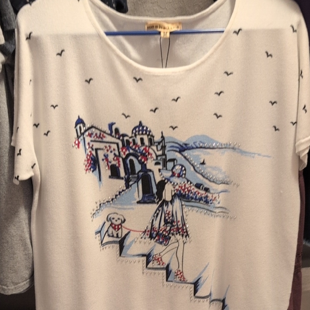 White and Blue Graphic Women's Sweater
